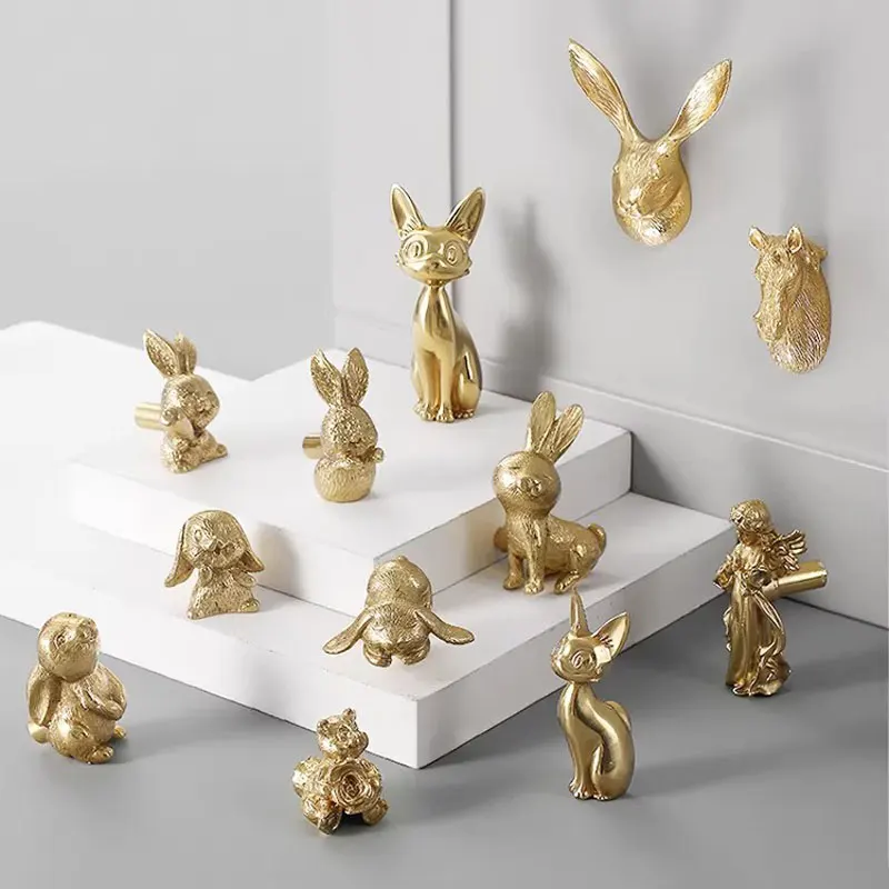 Brass Cute Bear Cabinet Handles for Children's Room Rabbit Home Decor Wardrobe Dresser Pulls Animals Copper Furniture Hardware