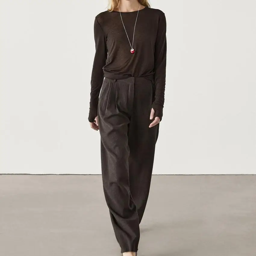 ربيع جديد وصول المرأة Ele Busin عادية Sle براون الفانيلا مطوي السراويل الطويلة ألياف البوليستر 00% بناطيل كاجوال #2