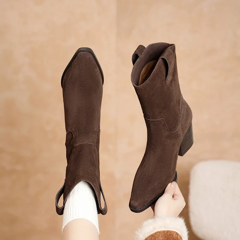 2027 New Autumn/winter Women's Boots Pointed Toe Chunky Heel Short Boots Cow Suede Western Boots Shoes for Women High Heels