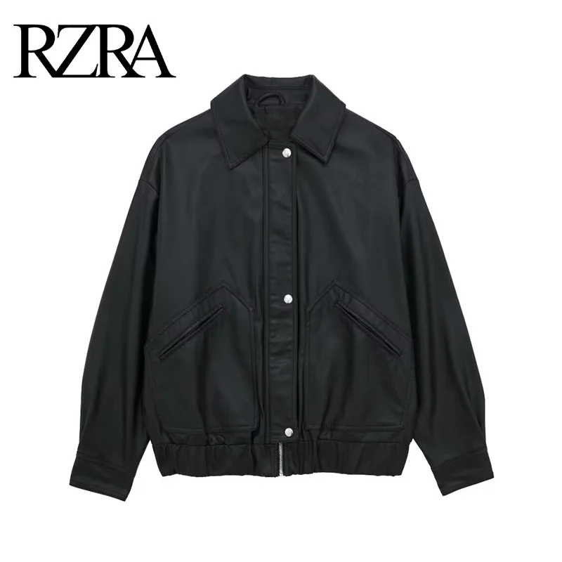 

RZRA original women's 2024 autumn and winter new imitation leather jacket coat lapel pocket decoration pilot jacket coat