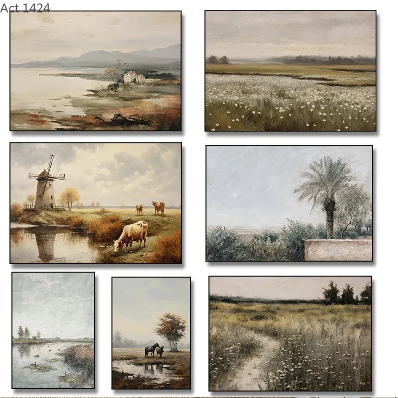 Retro country Landscape along  border Tree Landscape Plant Art Cypress Posters Print Canvas Painting Wall Art Picture Home De