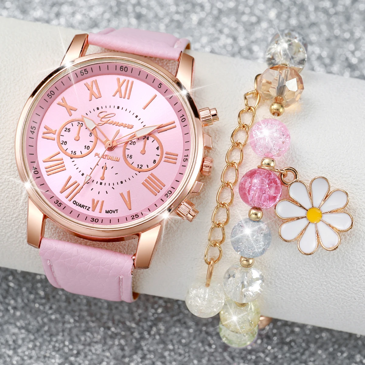 2PCS/Set Geneva Women's Watch Fashion Leather Strap Quartz Watch+Colored Beaded Bracelet Set (without box)