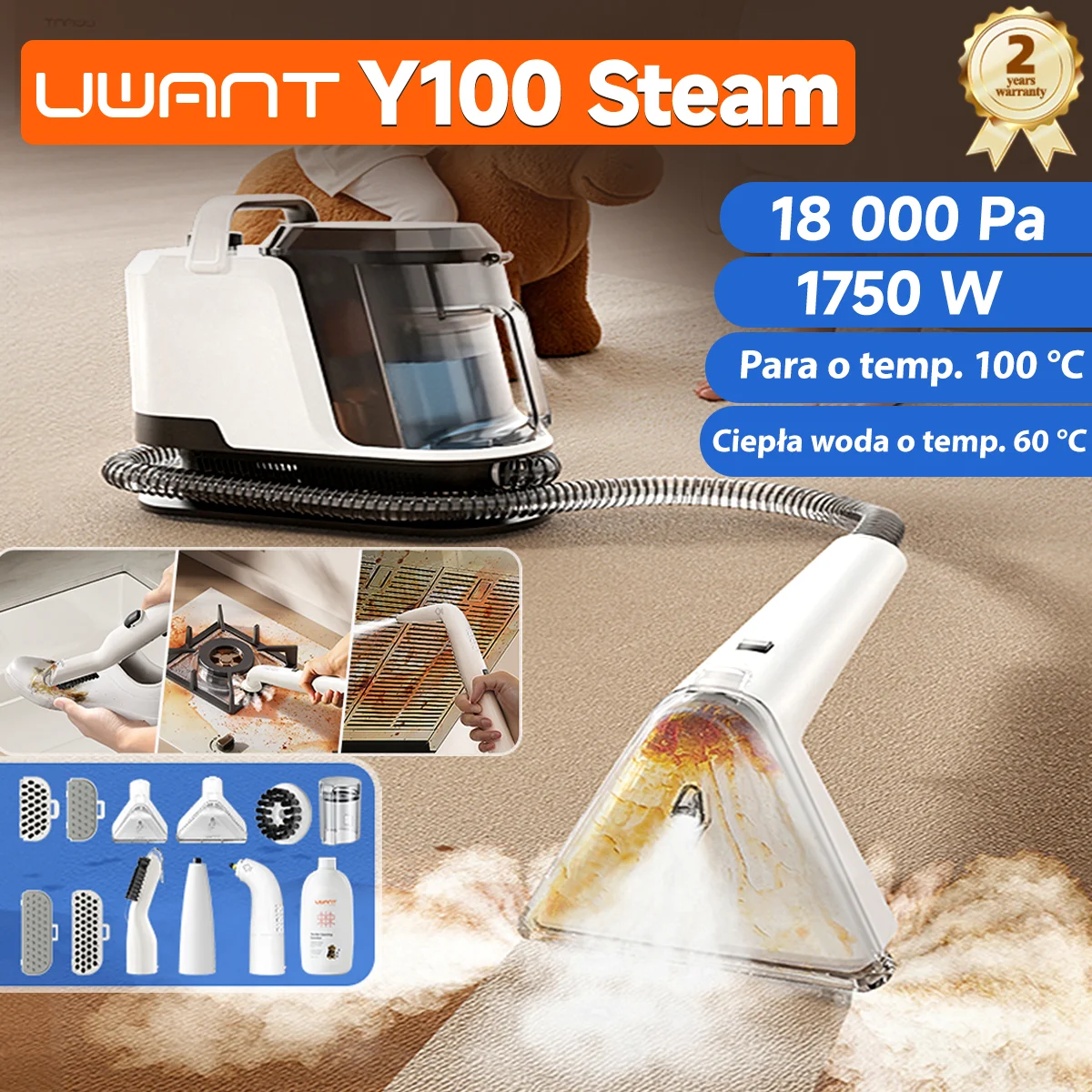 Uwant Y100 Steam Parowy Odkurzacz do Dywanów 100 ° C Steam 18KPa 1750W Szczotka parowa z funkcją ssania, samooczyszczająca, z wieloma dyszami do sof, samochodów, butów i sierści zwierząt