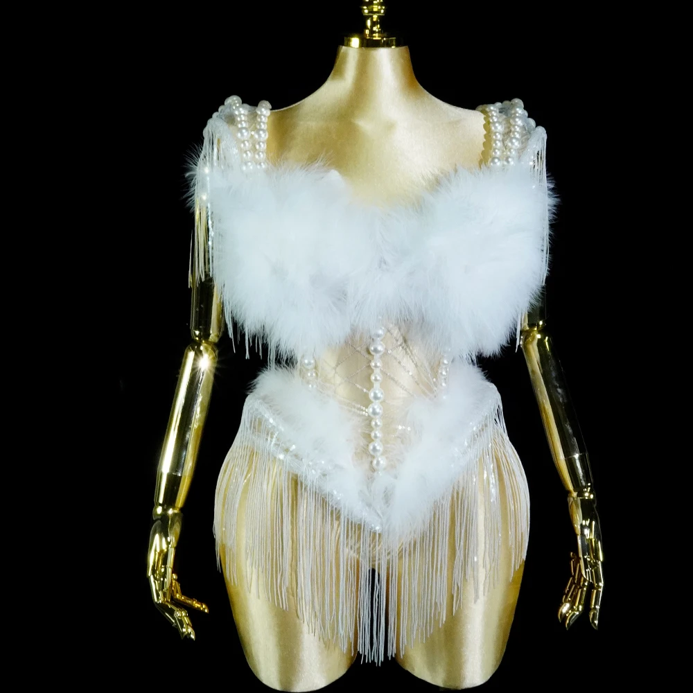 

new GOGO white feather Stage pearl Smock Sexy Women Nightclub Party birthday Carnival Crop Tops Wear singer performance costumes