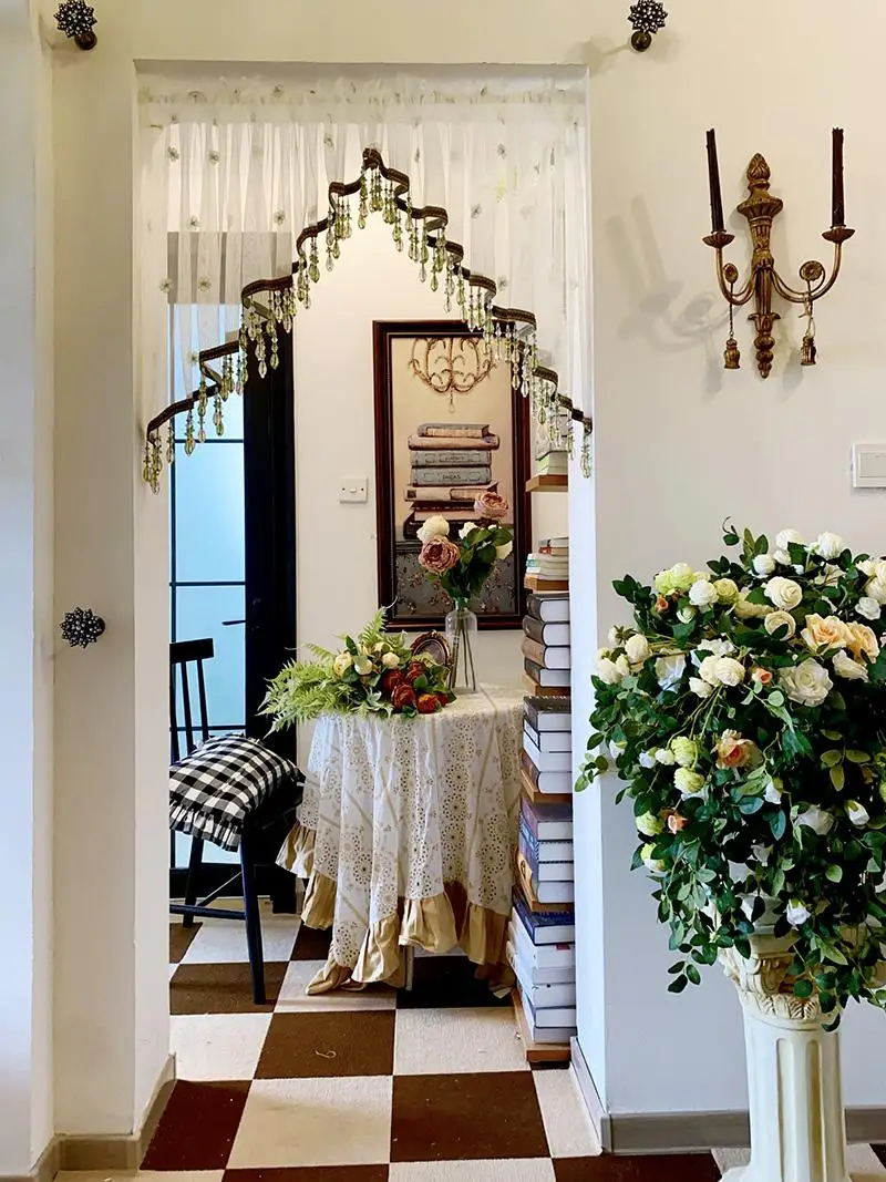 

Home Soft Decoration Retro Green Lace Embroidery Yarn Curtains for Living Room Hanging Bead Non Perforated Arched Door Curtain