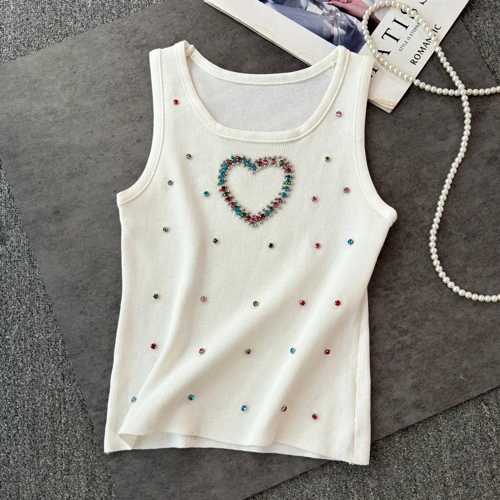 New Heart Colorful Rhinestone Knitted Tank Top Casual Crew Neck Sleeveless Tank Top For Summer Women's Clothing Crop Top Camis