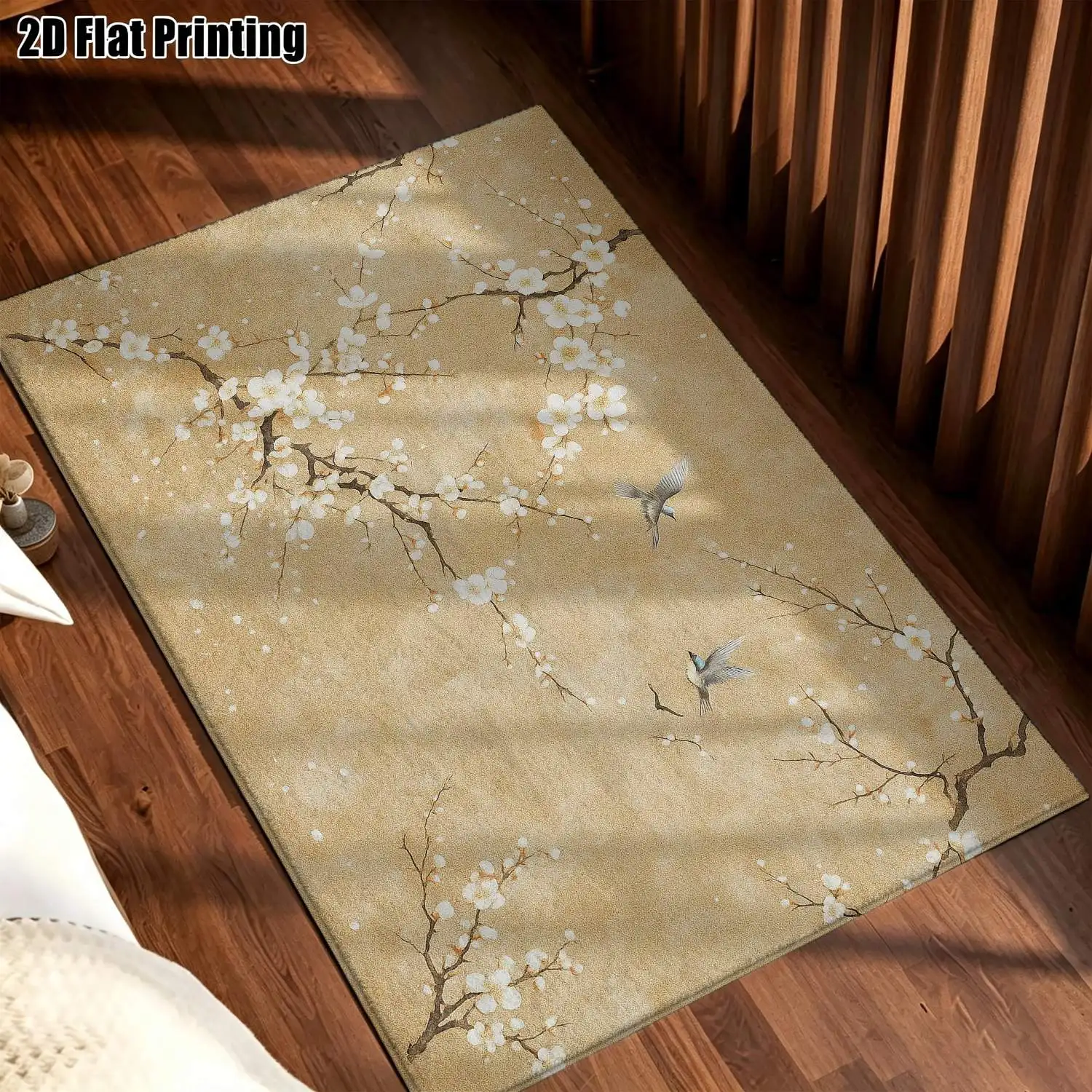 1Pc 2D Printed Vintage European-Style Beige Plum Blossom & Bird Pattern Carpet, Machine Washable, Multi-Size, Ideal for Home Decor Including Entryway, Dining Room, Bedroom, Living Room Mats