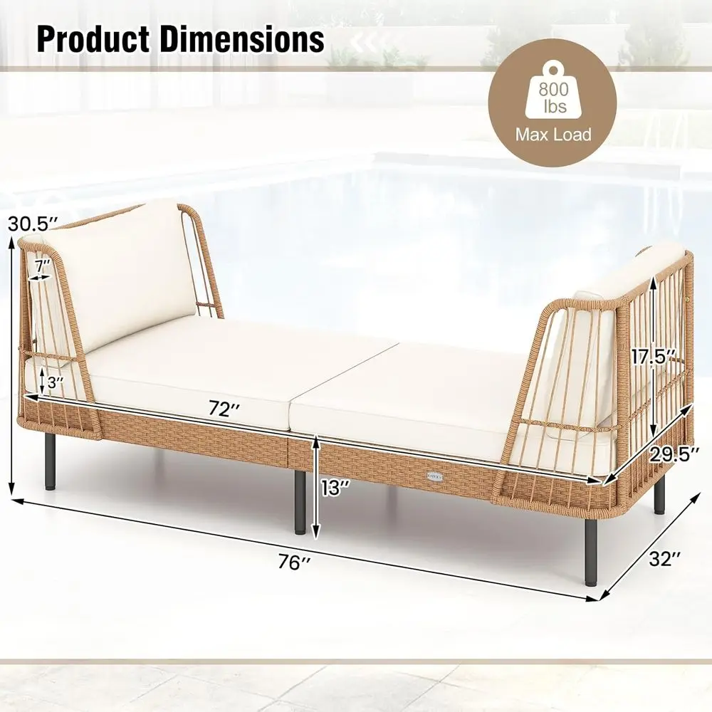 2-Seat Outdoor Wicker Daybed with Cushions, Metal Legs, Perfect for Backyard, Porch, Poolside - view 5
