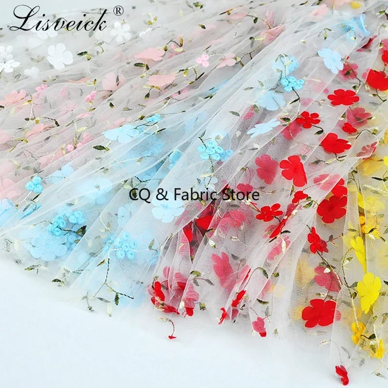 1Yard 3D Flower Embroidered Mesh Lace Fabric DIY Wedding Dress, Children's Clothing Elegant Applique
