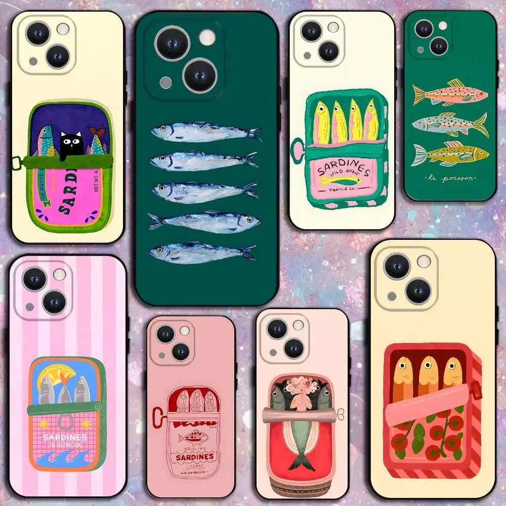 

Fish Funny Sardines Phone Case For iPhone 16,15,14,13,12,11 Plus,Pro Max,XS,X,XR,SE,Mini,8,7,Soft Silicone Black Cover