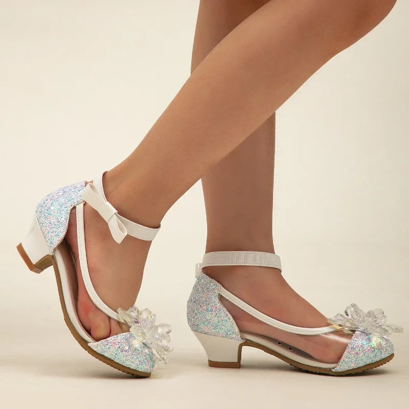 2025 New Girl\'s High Heel Shoes Ankle-strap Bowknot Children Princess Shoes Fashion Sequins Kids Leather Shoes for Wedding Party