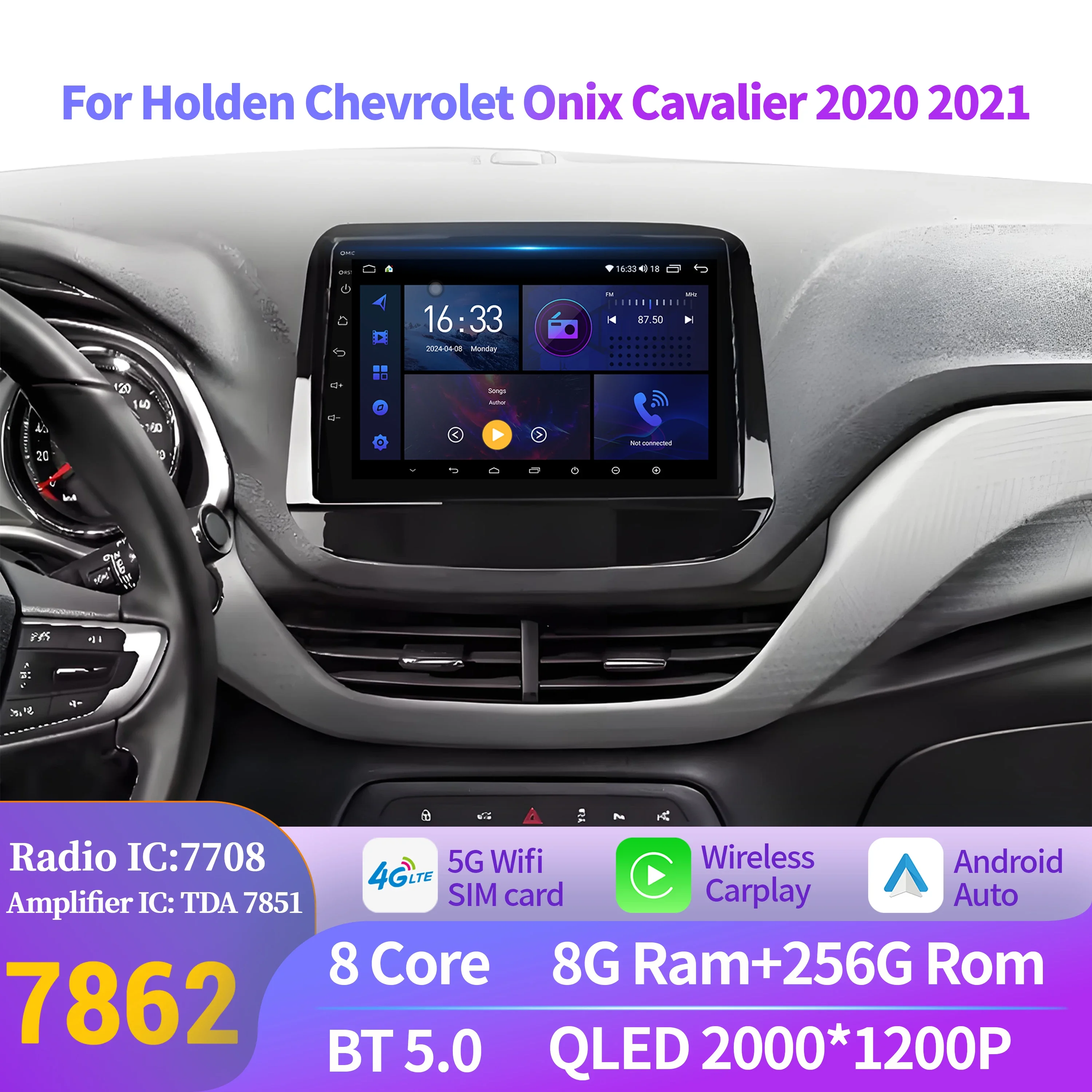 

For Holden Chevrolet Onix Cavalier 2020 2021 Car Radio Wireless BT Carplay Navigation Android 14 7862 8+256 2K QLED Screen