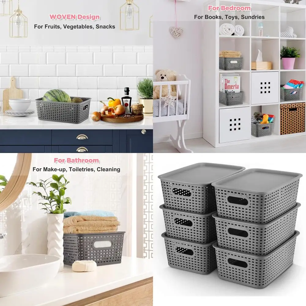 

Lidded Plastic Storage Baskets, 6-Pack, for Organizing Shelves, Drawers, and Rooms