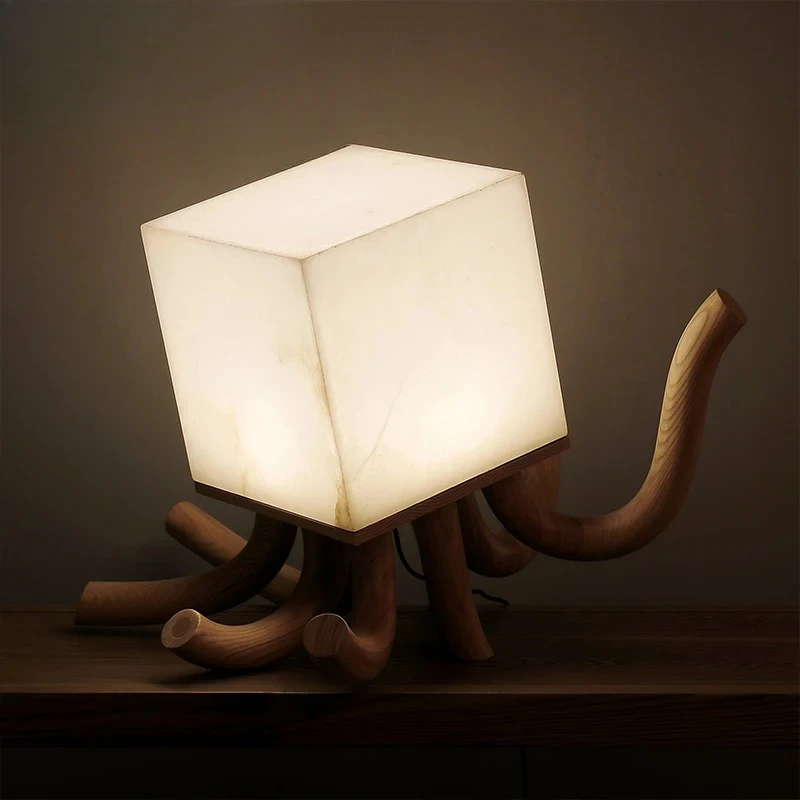 Luxury Modern Alabaster Lampshade Wooden Tentacle Base Metal Art Desk Lamp