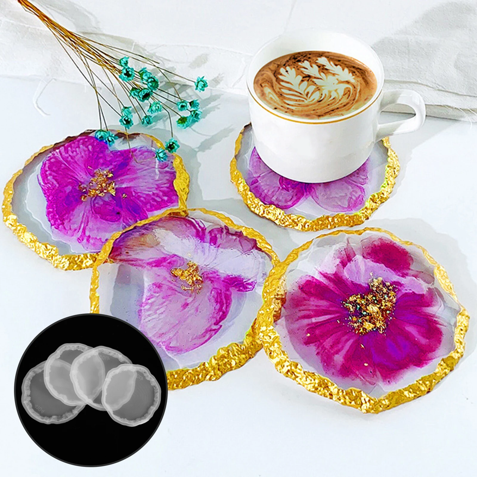 

4Pcs Crystal Cluster Silicone Coaster Mold DIY Resin Epoxy Cup Mat Casting Mold for Home Office Crafts Resin Molding