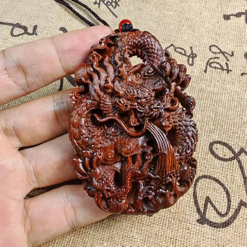 Hand-Carved Agarwood Dragon Playing Pearl Pendant - 2.75
