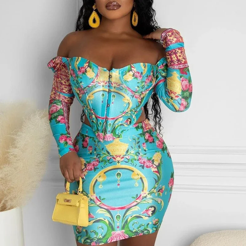 Women Casual Cold  Shoulder Long Sleeves Asymmetrical Mini Sexy Bodycon All Over Print Skirt Sets