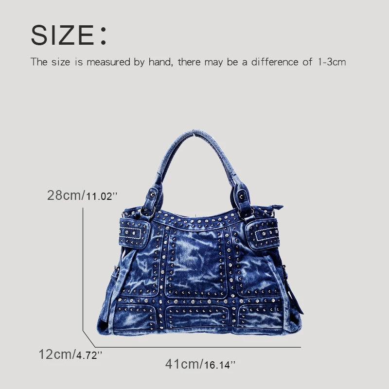 Large Capacity Denim Cloth Tote Bags For Women Luxury Designer Handbag Purse 2024 New In Mosaic Rivet Imitation Diamond Shoulder