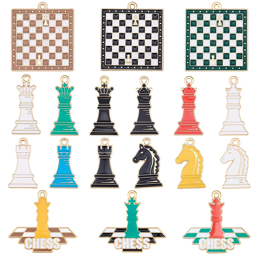 1 Box 36Pcs Chess Piece Charms Checkerboard Charm Alloy Enamel Chessboard International Chess Board Pendants for Jewelry