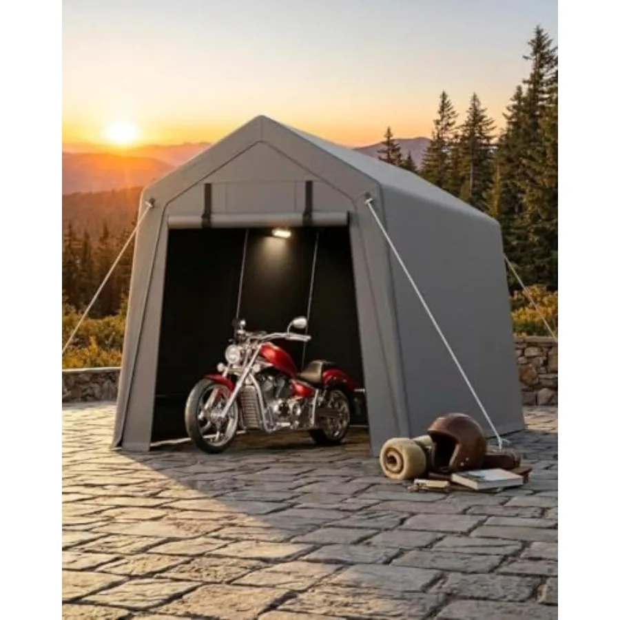 7x15 ft Portable Carport for outdoor storage: galvanized steel frame, 220 GSM waterproof canopy, gray, roll-up zipper doors mes