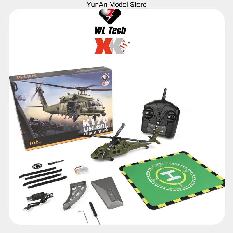 XK K170 4CH Flybarless RC Helicopter UH-60L Black Hawk Brushless Military Scale Model with 6G Gyro & One-Key Takeoff RTF