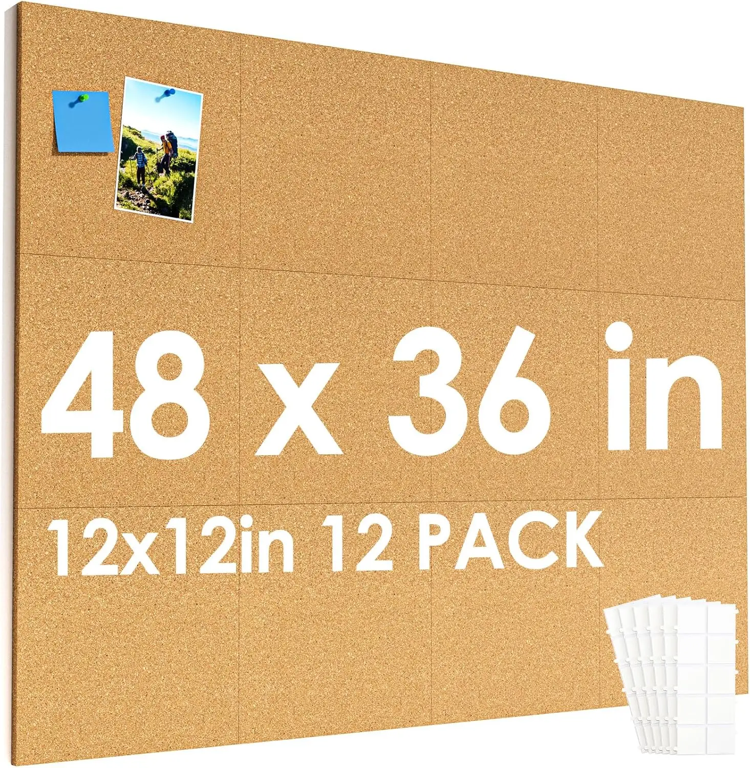 

Large Cork Board Tiles 48"x36" 12-Pack with Pushpins & Adhesive Tabs for Wall