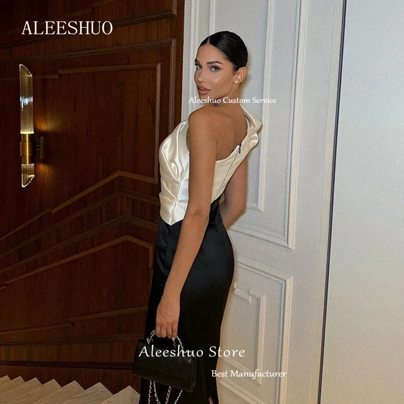 Aleeshuo Modern Black White Mermaid One Shoulder Sleeveless Vestidos Pleated Satin Prom Dress Sexy Tea-Length 2025 Customized