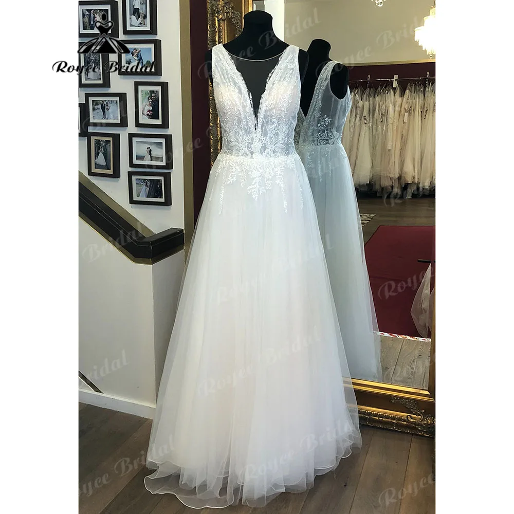 A Line Boho Lace Sleeveless Beach Wedding Gowns for Bride 2023 Robe Mariee Wedding Dress Women vestido de casamento Roycebridal