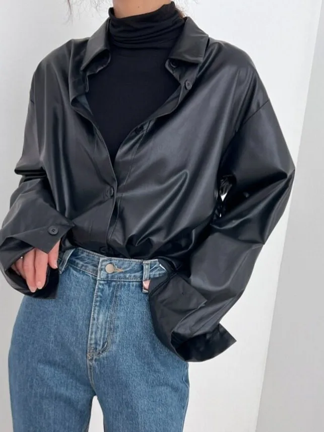 Fashionable Chic Simple Single-Button  Collar Leather Jacket Shirt Outerwear for Women Korean Style Long Sleeve Loose Fit
