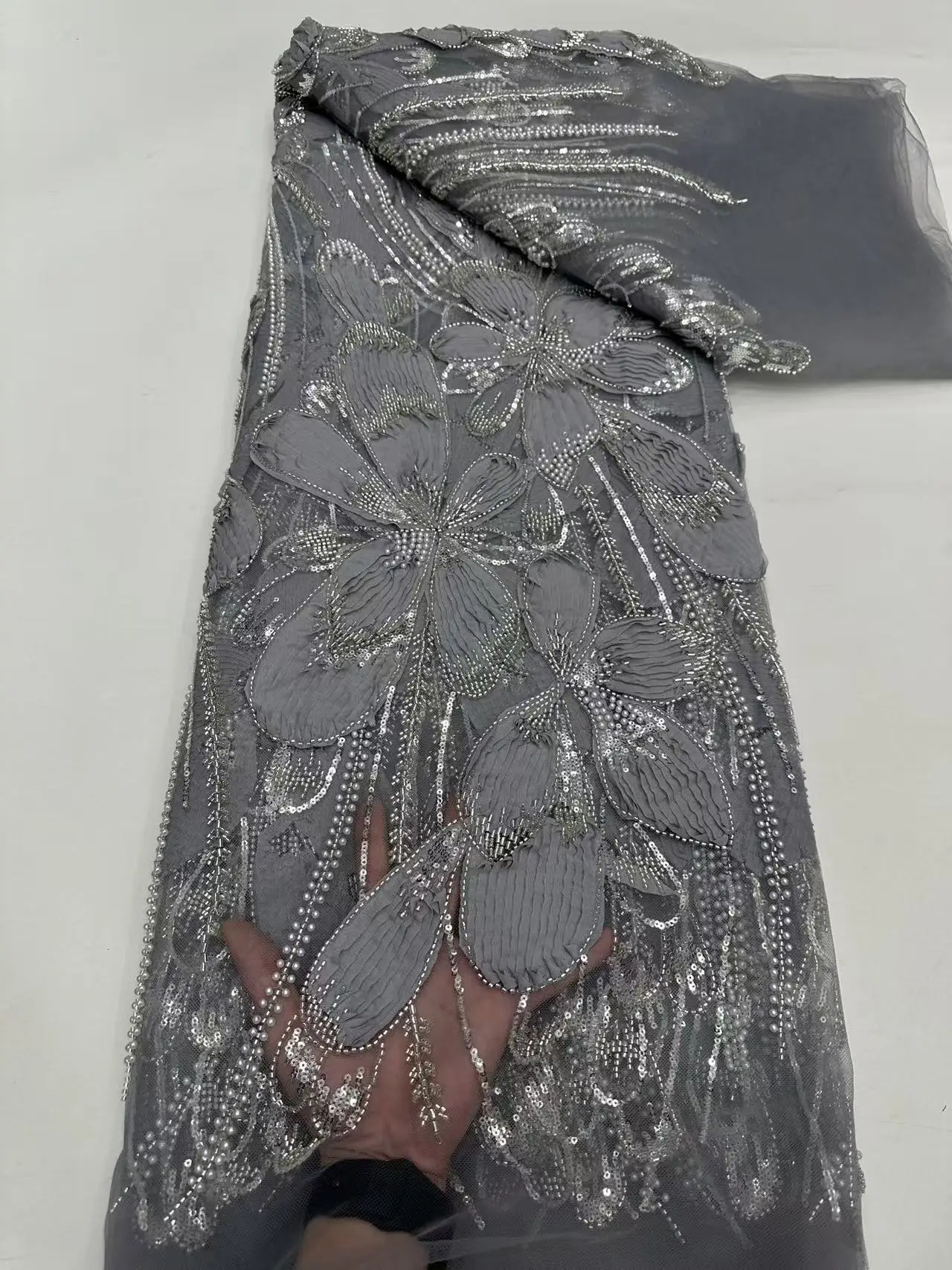 Африканская синяя кружевная ткань 2025 года, высокое качество, 5 ярдов, нигерийская кружевная ткань с блестками и бусинами, французская кружевная ткань для праздничного платья Hm56-1