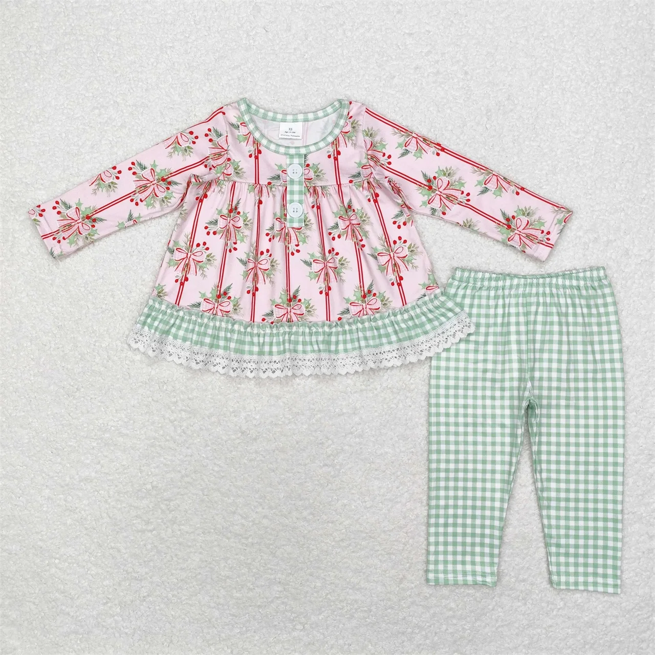 Wholesale Toddler Long Sleeves Stripes Bows Floral Pink Tunic Kids Christmas Set Children Outfit Baby Girl Green Plaid Pants