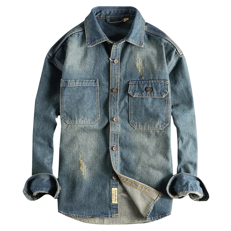 Sping New Japanese Retro High Quality Denim Cargo Shirt Men\'s Fashion 100% Cotton Washed Old Thick Double Pocket Casual Jacket