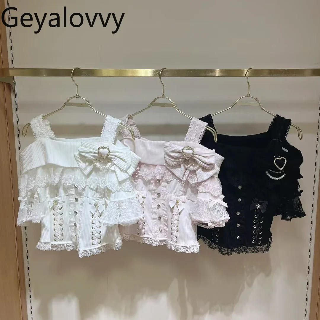 

Sweet Cute Girls Versatile Short Sleeve T-Shirt Summer New Japanese Style Big Bow Ribbed Slimming Strap Off-Shoulder Top