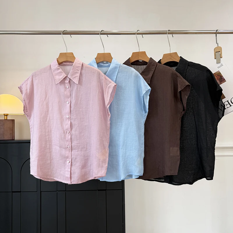 

Женская льняная рубашка классического стиля с коротким рукавом, повседневная, модная, свободного кроя, однотонная, для работы, летняя, новинка
