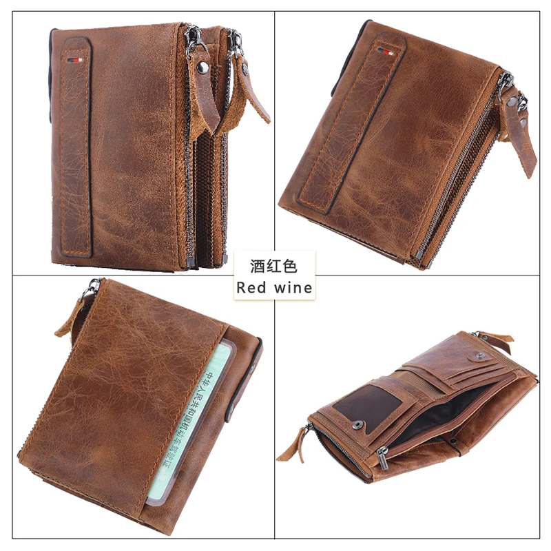 Genuine Leather Men's Wallet Short Fashionable Zero Wallet Cowhide Double Zipper Wallet
