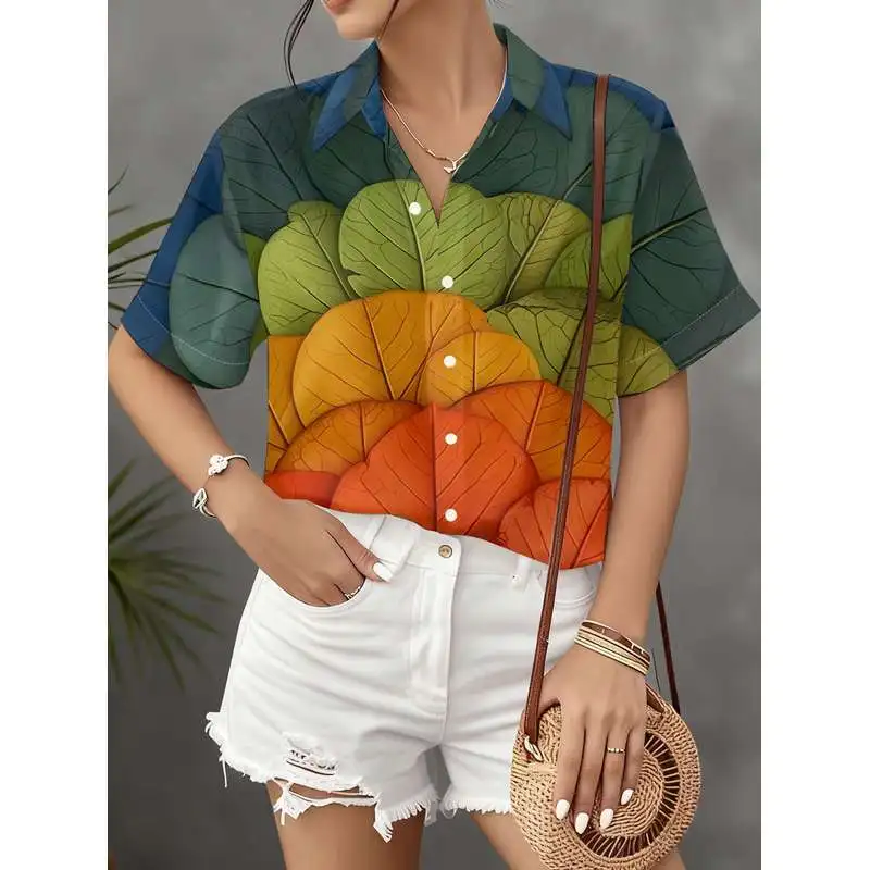 Women's Casual Short Sleeve Shirt Leaf Petal Layering Blue to Red Gradient Smudge Pattern Button Up Fashionable Top Machine Wash