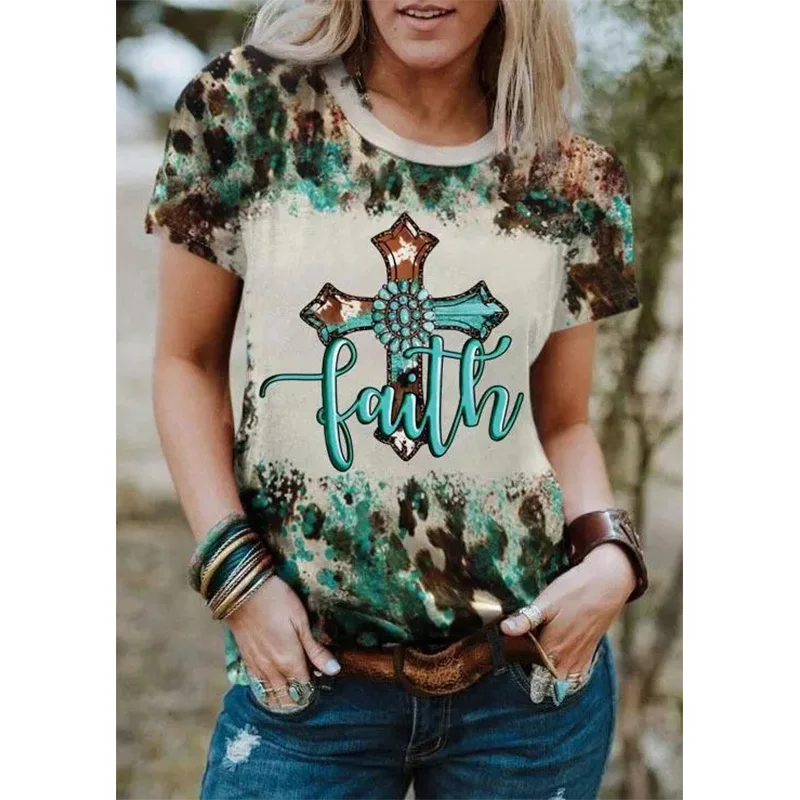 New Jesus Cross Leopard 3D Print T-shirt Women Streetwear Short Sleeve T Shirts Harajuku Oversized Y2k Tops Tees Female Clothing