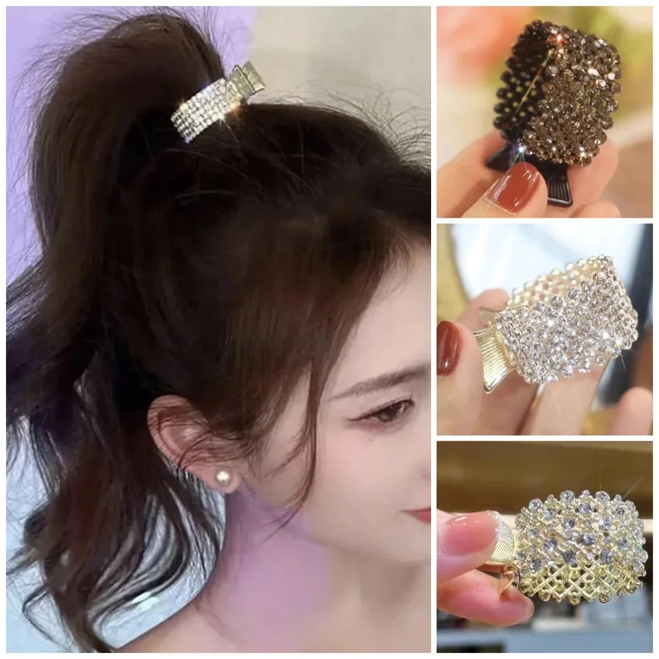 Fashion Pearl Rhinestone Metal Hair Clip Women Girls Mini High Ponytail Holder Crystal Hair Claws Elegant Party Headdress