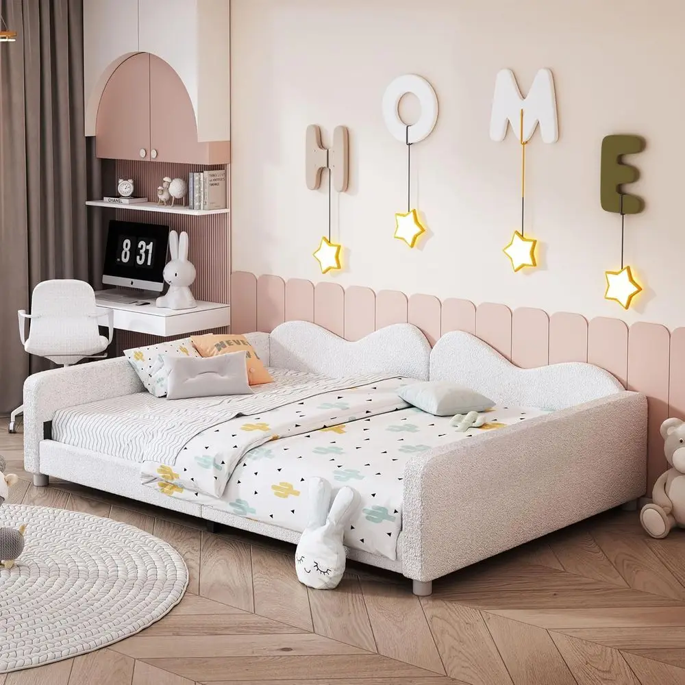 Upholstered Daybed with Sherpa Fabric, Cloud-Shaped Backrest, No Box-Spring Needed, White