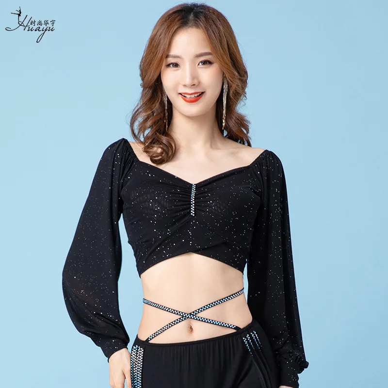New Belly Dance French Square Collar Hot Diamond Pleated Top Women's Practice Clothing Oriental Dance Group Uniform