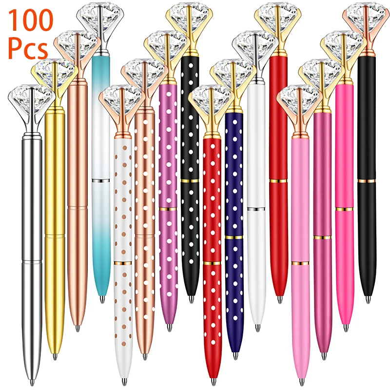 100Pcs Diamond Pens Crystal Diamond Ballpoint Pen Big Diamond Ball Point Office Pens Bling Metal Cute Pens