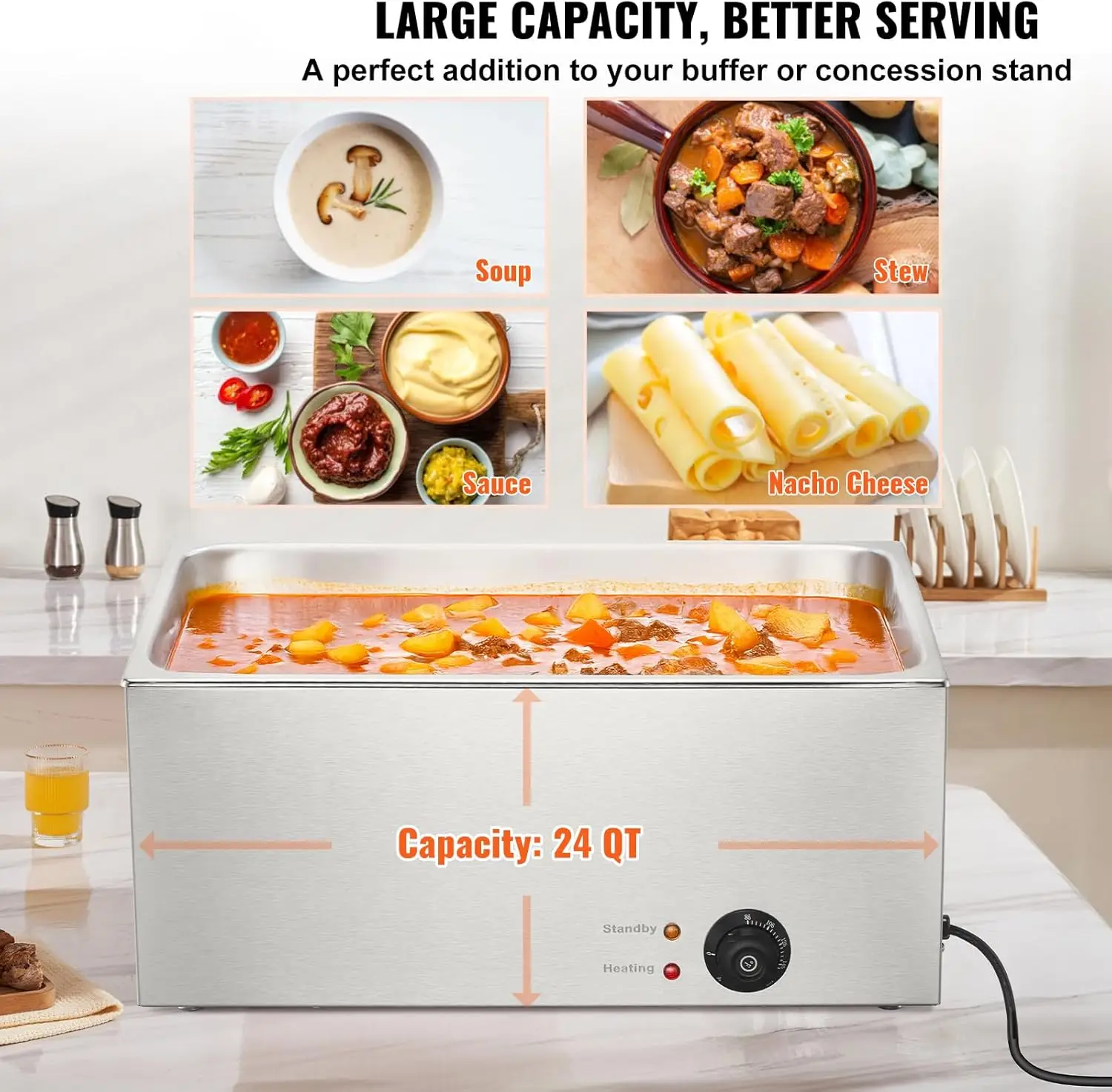 Happybuy Commercial Food Warmer 19Qt Bain Marie 1200W Electric Buffet Warmer Steam Table Food Warmer Countertop Stainless Steel