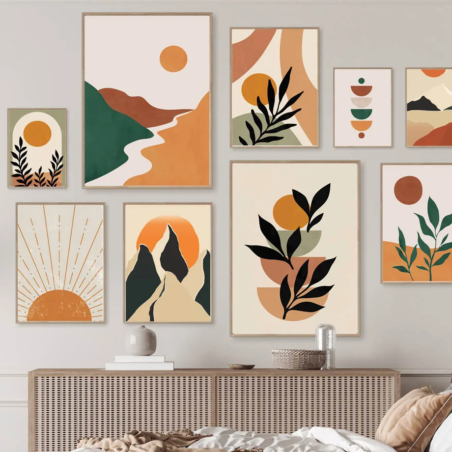 Frameless canvas paintings,Mountain River Sun Leaves Geometry Lanscape Wall Art Canvas Painting Abstract Posters And Prints Pict
