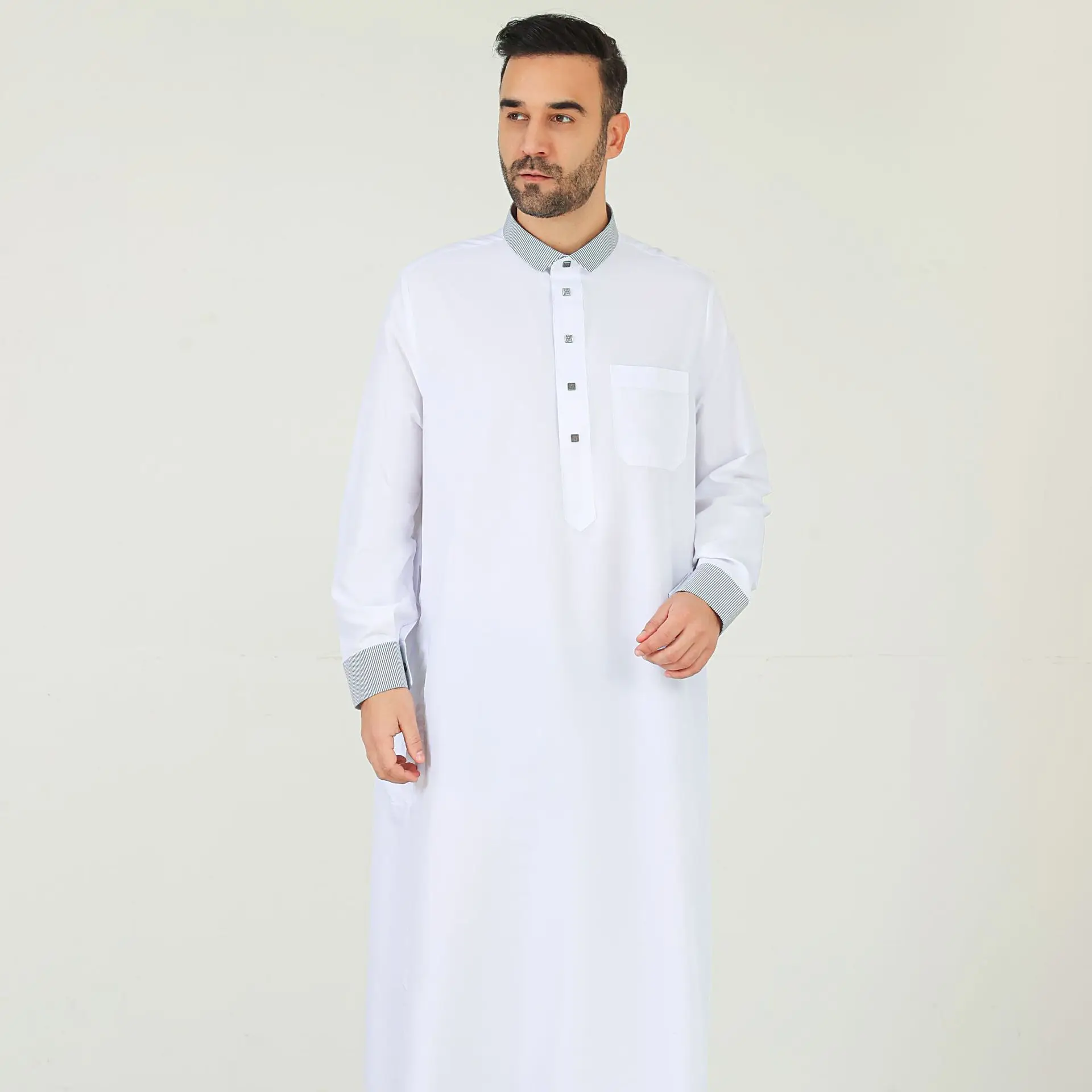 Luxury Men's Islam Muslim Arab Men Robe Long Sleeve Stand Collar Arab Jubba Thobe Ramadan Eid Clothing Dubai Abaya Kaftan Caftan