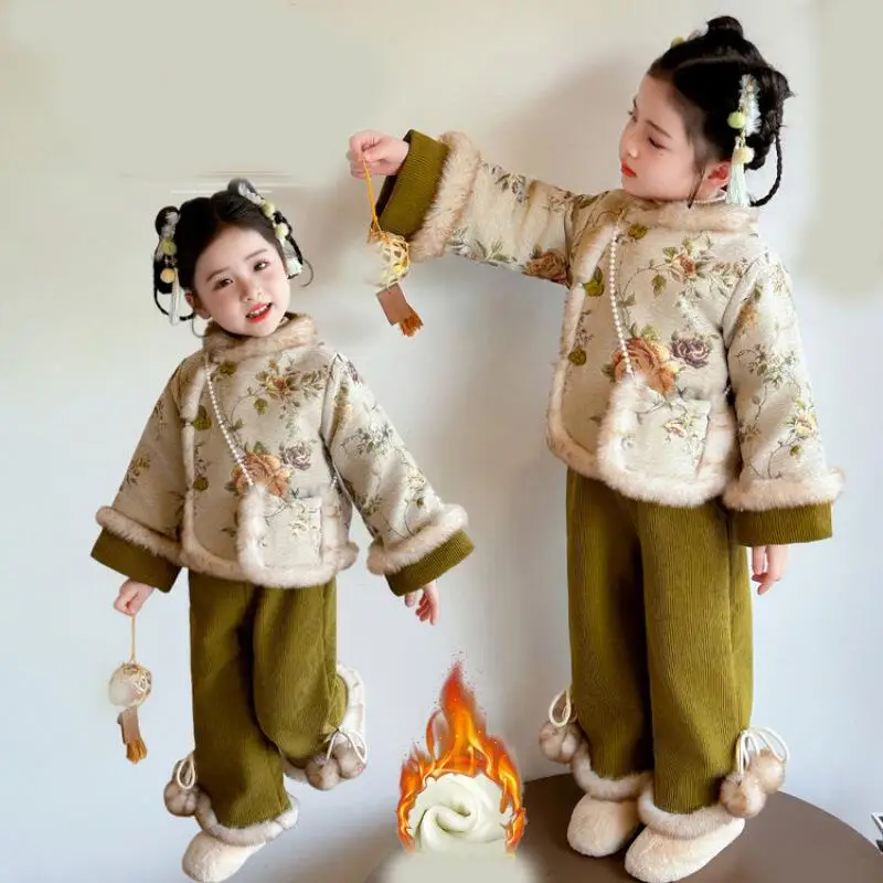 

Child Cotton-Padded Jacket Pants Two-Piece Set Girl Autumn Winter Tops Straight-Leg Pants Kawaii Fashion Hot New Casual Clothing