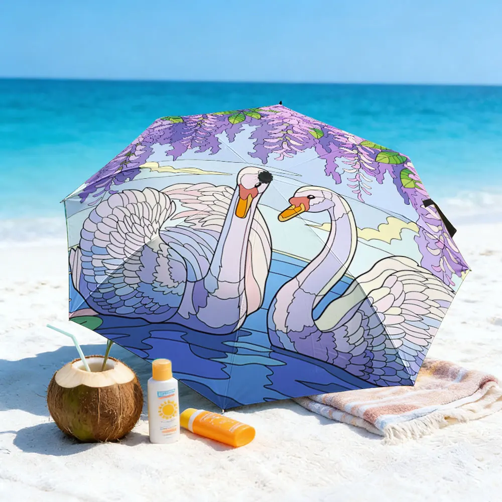 1PC Romantic Swan Design Umbrella by the Lake Print 8 Iron Ribs Folding Umbrella Auto-Open Fashion Sunshade