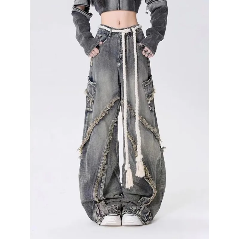 QWEEK Streetwear Jeans Woman Vintage Baggy Grunge Oversized Korean Fashion Denim Pants Japanese 2000s Style Trousers Gothic