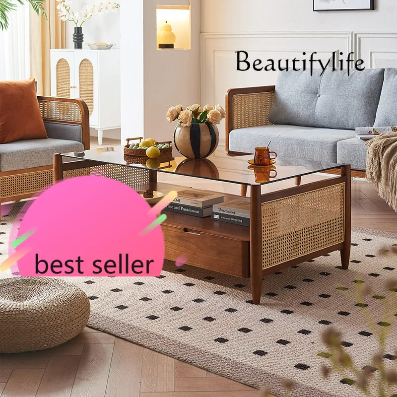 

Hi Japanese-style wabi-**** wind coffee table living room high-end household solid wood rattan tea table small apartment rectang