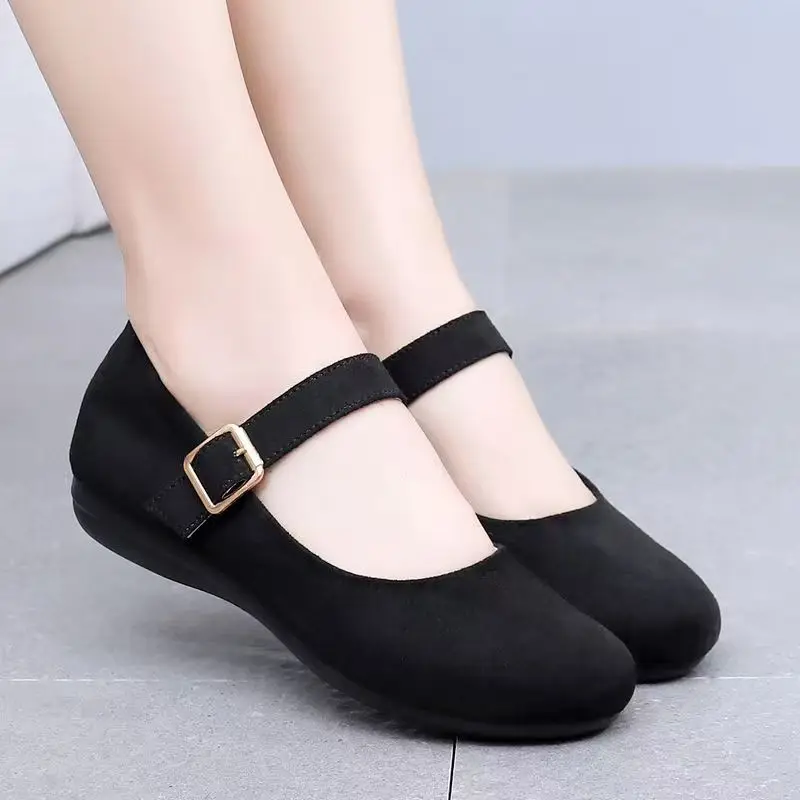 Women Flat Sole Black Color Work Shoes Spring Autumn New Soft Sole Round Toe Buckle Strap Lightweight Cloth Shoes Elderly Shoes