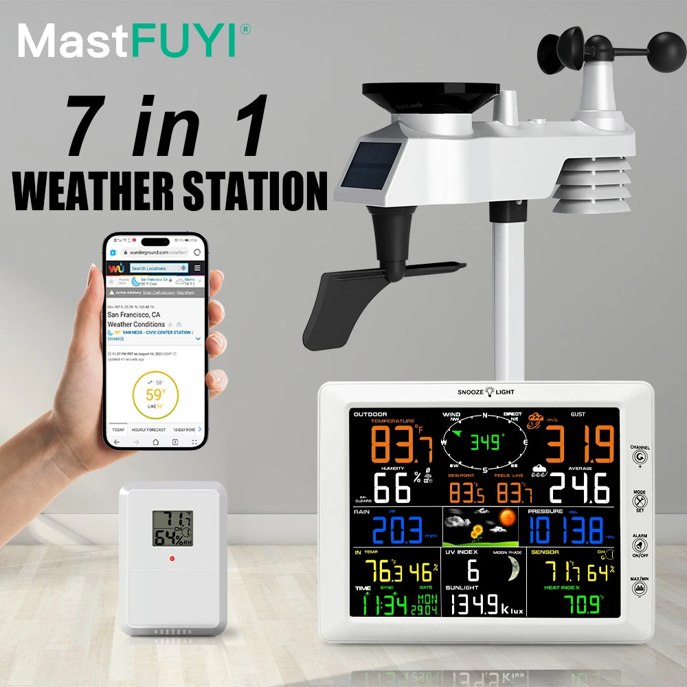 MASTFUYI 7-in-1 Wi-Fi Weather Station  in Color Display with Solar Wireless Outdoor Sensor Alarm Alerts for Temperature Humidity